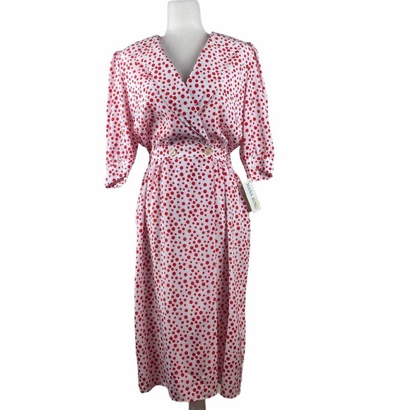 Vintage Hana Sung Red and White Polka Dot Wrap Dress - Picture 1 of 6